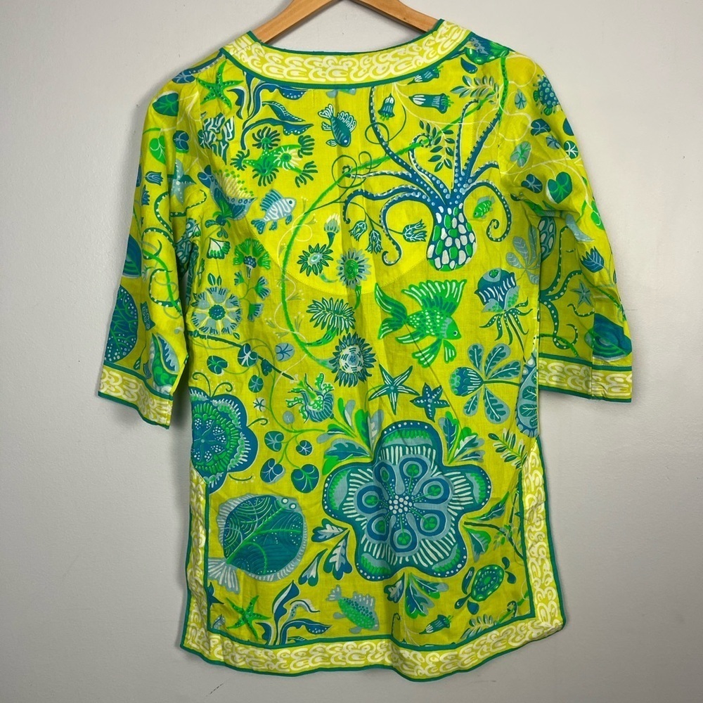 Gretchen Scott Deisgns cotton split neck tunic - green blue printed size XXS - Picture 4 of 5